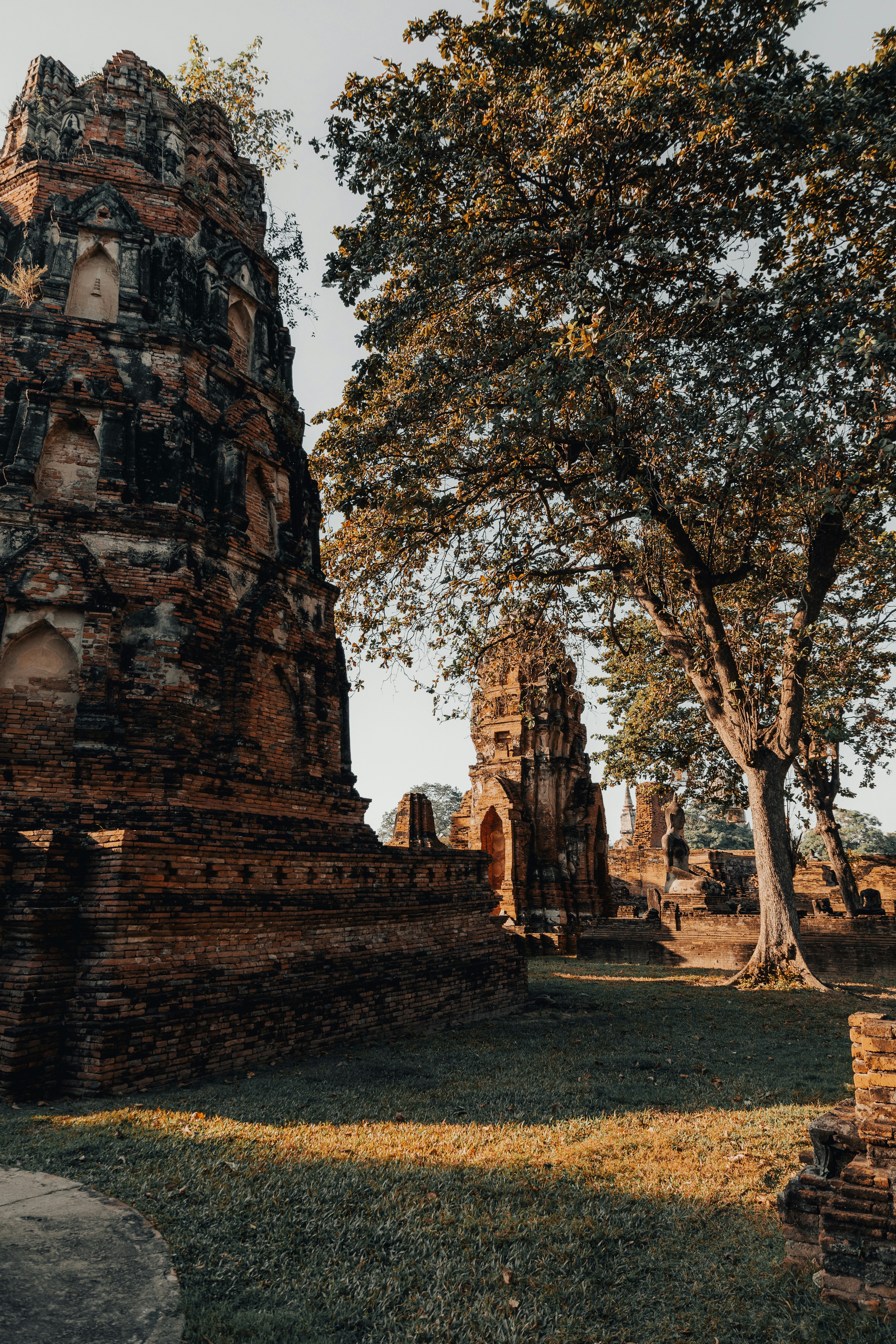 Ancient brick temple towers at Wat Mahathat historical park, Ayutthaya, Thailand