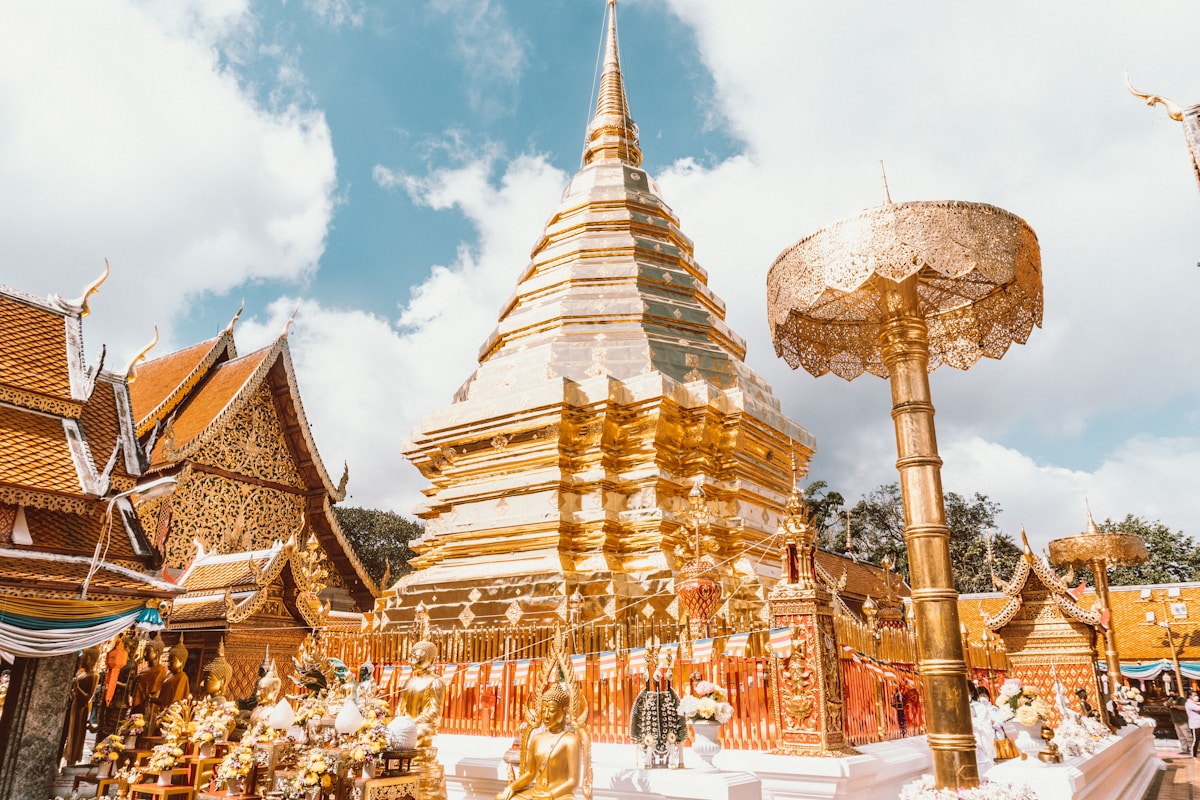 The golden chedi of Wat Phra That Doi Suthep gleaming in sunlight, Chiang Mai, Thailand