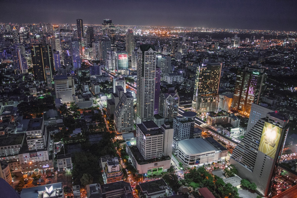Bangkok skyline viewed from a high rooftop at night, King Power Mahanakhon district