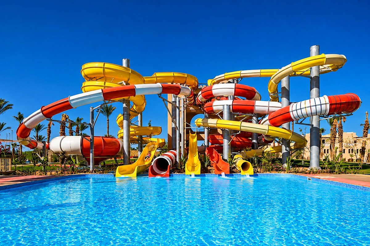 Colorful water slides and a bright blue pool at a tropical water park