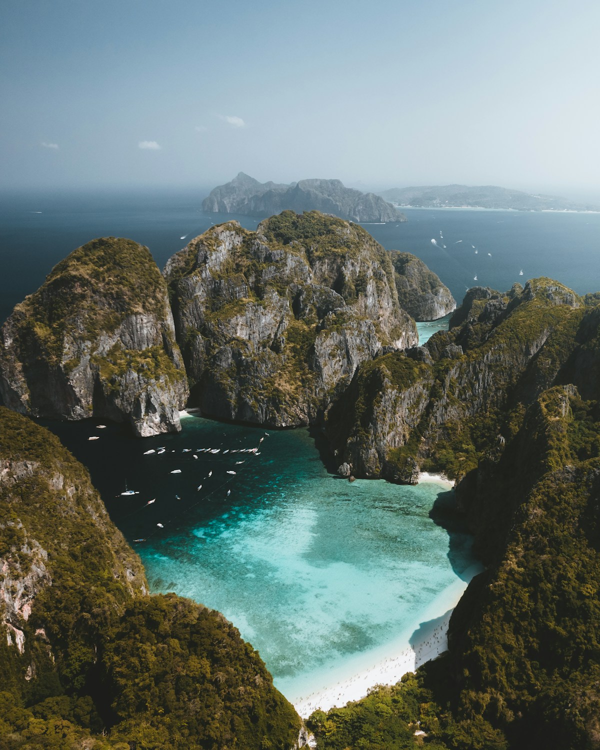 Aerial view of Maya Bay and limestone cliffs, Koh Phi Phi Le, Andaman Sea
