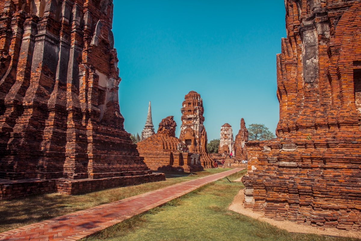 Ancient brick prang towers at Wat Mahathat ruins, Ayutthaya Historical Park