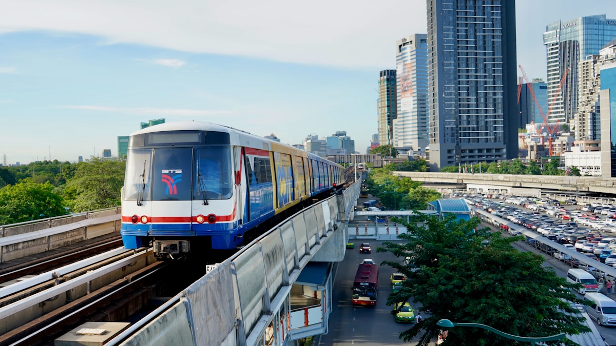 BTS Skytrain on elevated tracks at Mo Chit station, Bangkok, Thailand