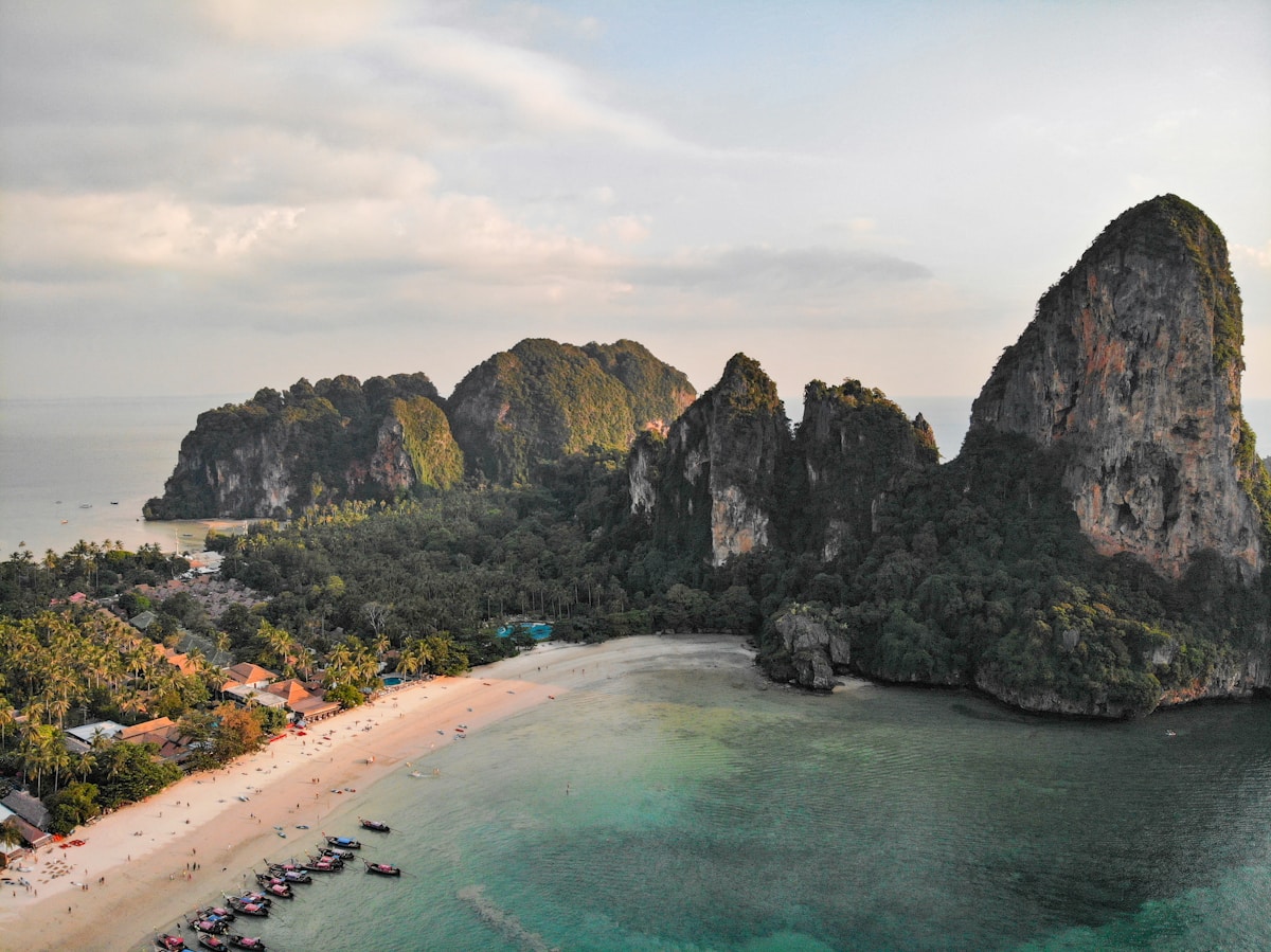 Aerial view of Railay Beach and limestone karst cliffs, Ao Nang, Krabi