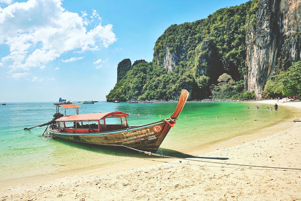 Limestone cliffs rising from the Andaman Sea at Railay Beach, Krabi
