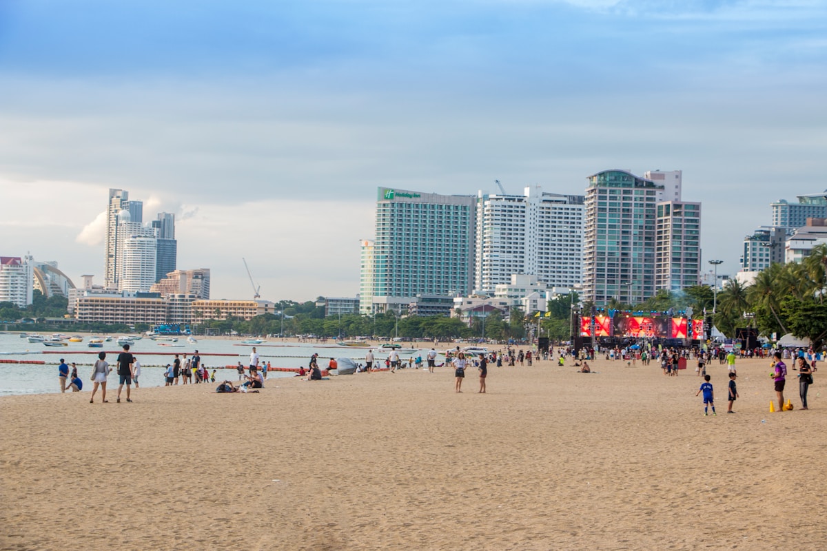 Aerial view of Pattaya beach bay and resort skyline, Gulf of Thailand