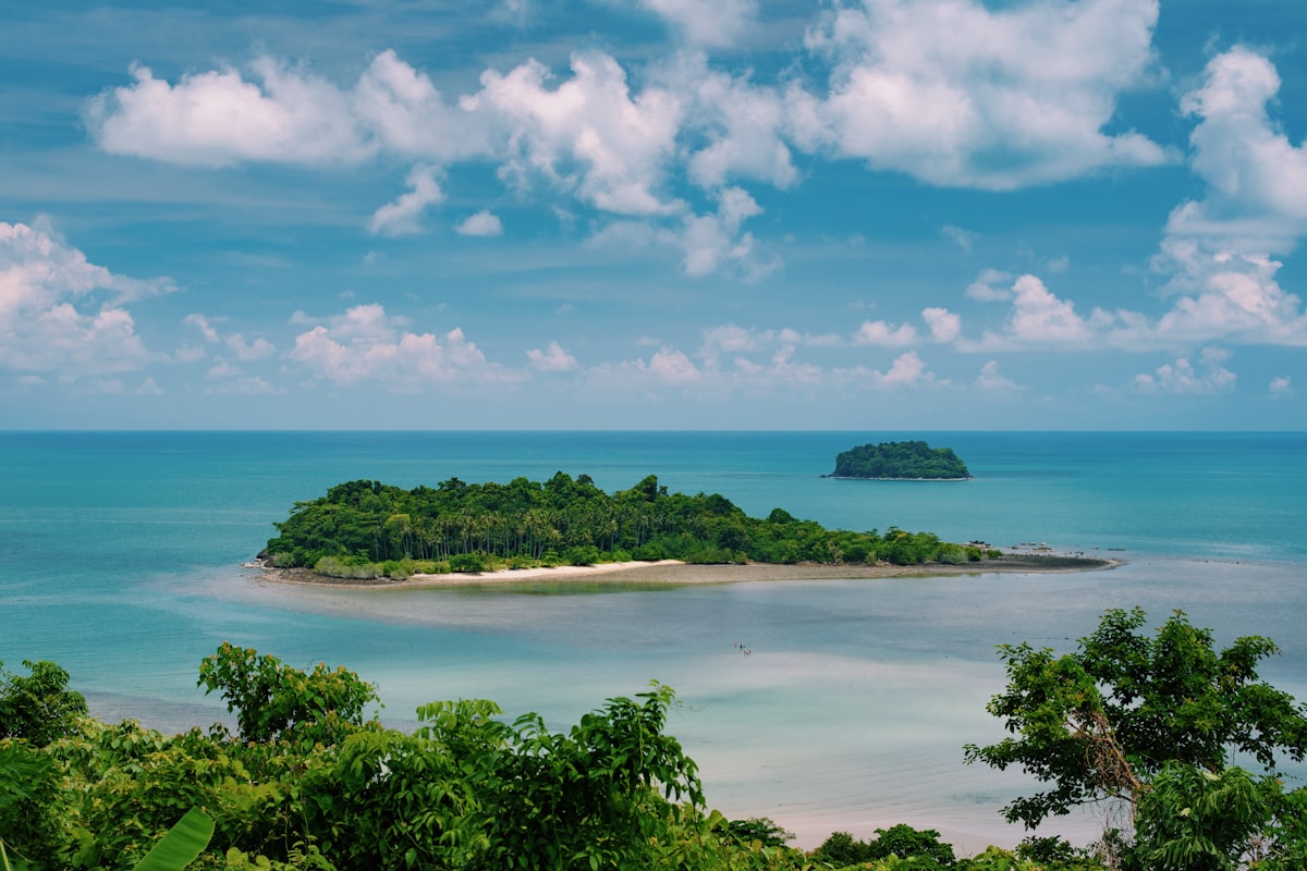 Aerial view of a lush green tropical island surrounded by turquoise Gulf of Thailand water