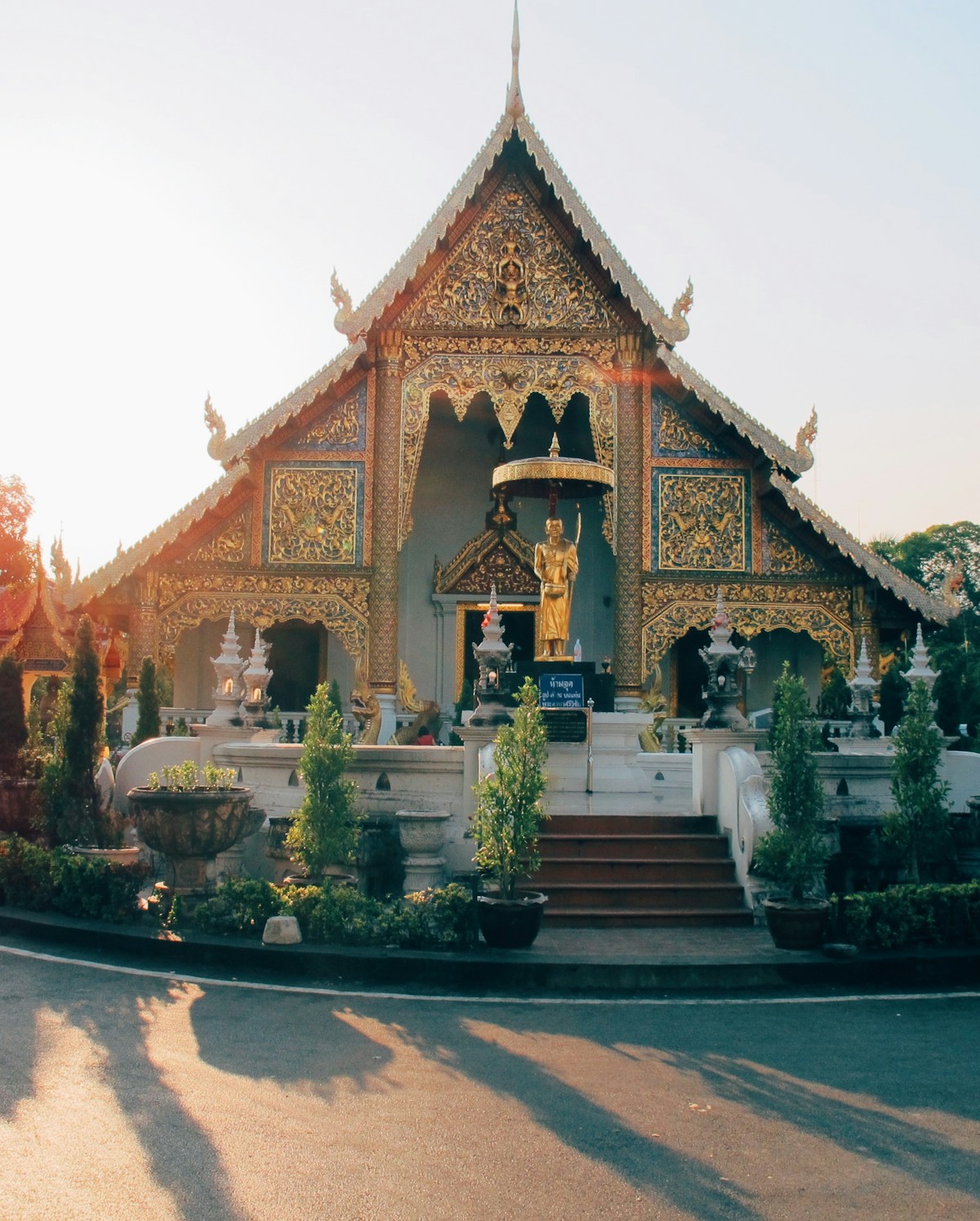 Ornate golden Thai temple at sunset, Chiang Mai, Thailand