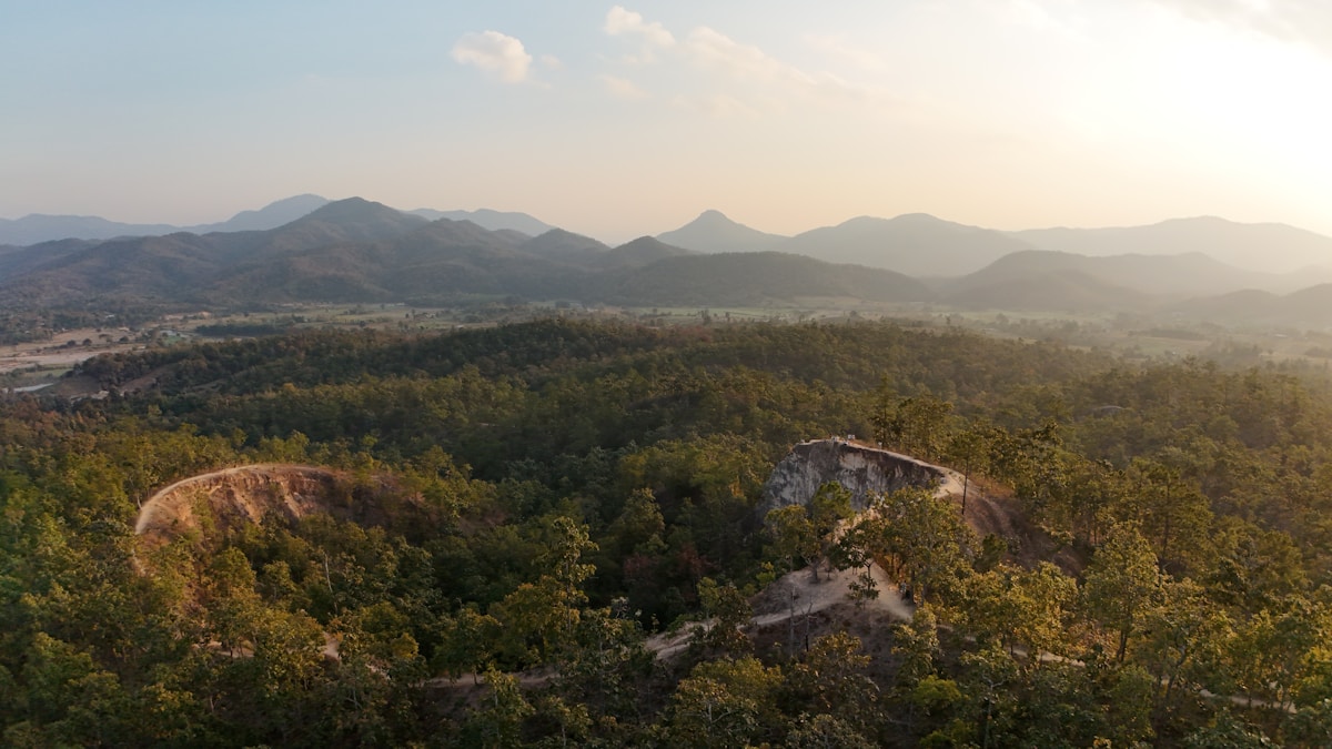 Aerial view of Pai Canyon and mountain landscape at sunset, Pai, Mae Hong Son, Thailand