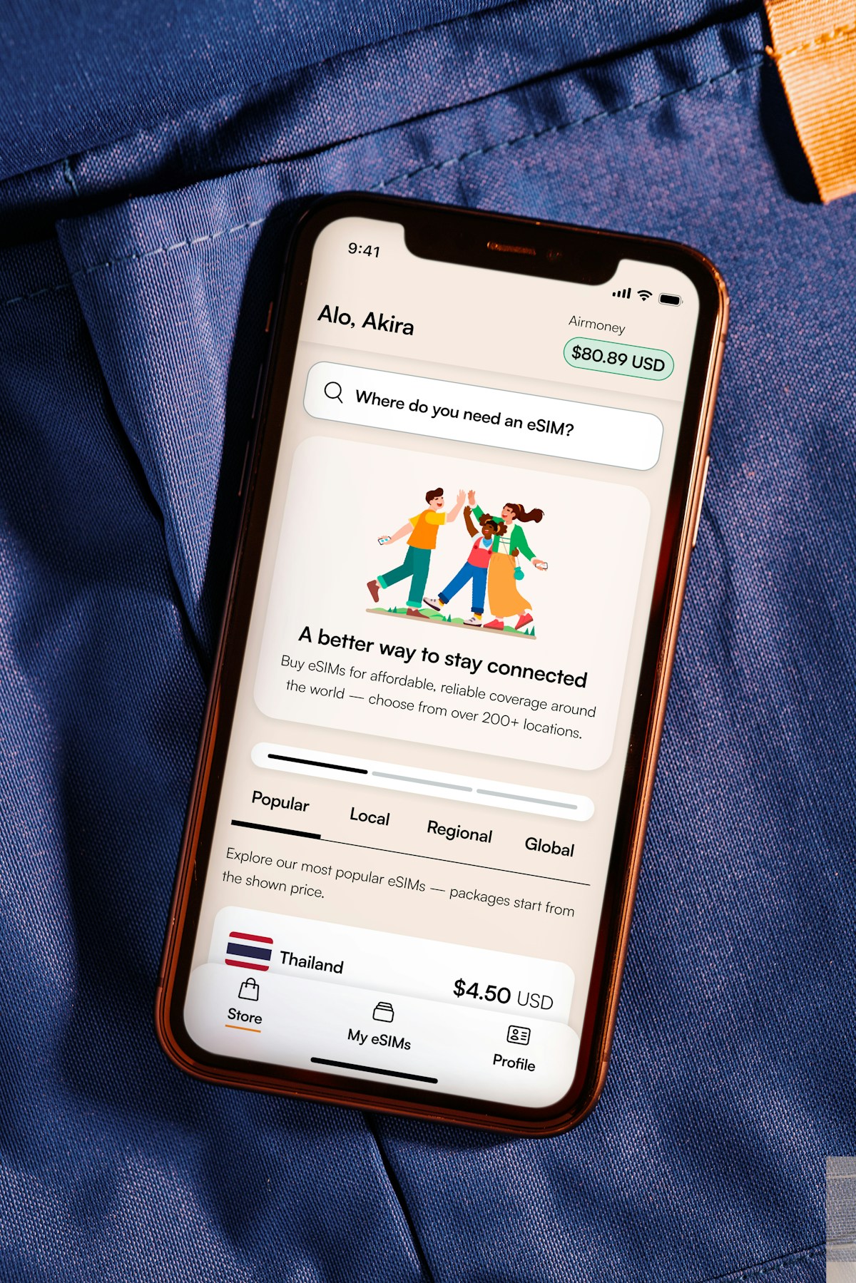 Smartphone displaying the Airalo eSIM app showing Thailand data packages from $4.50