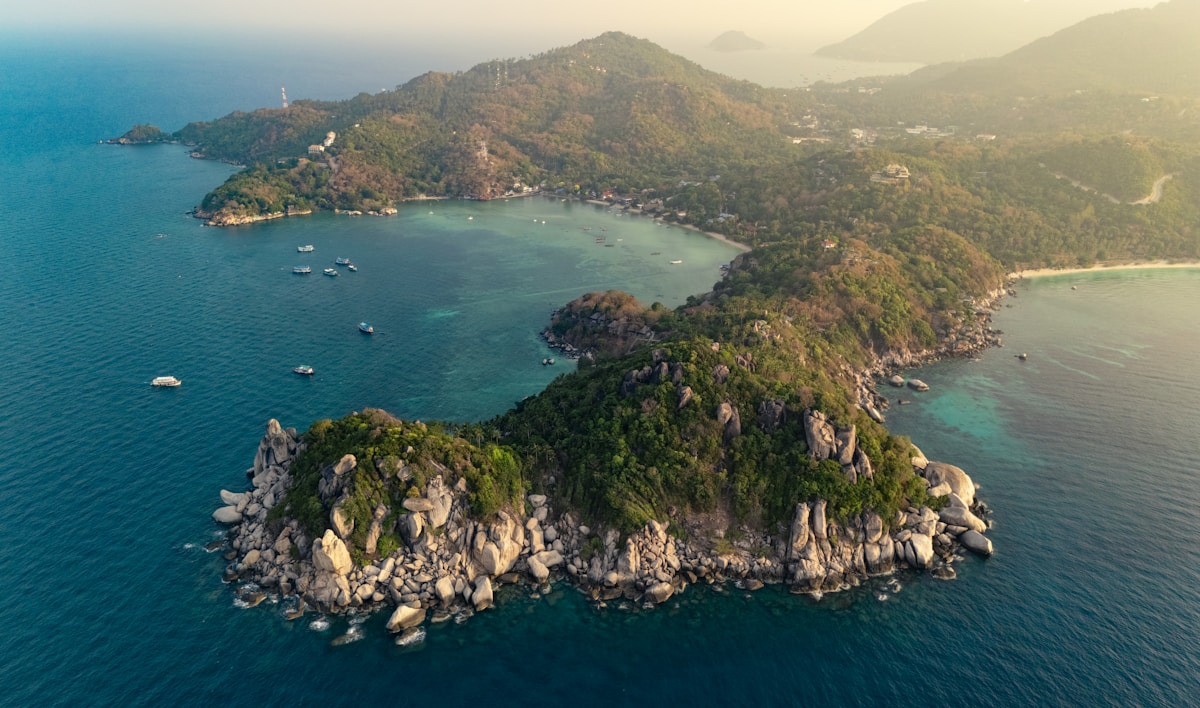 Aerial view of rocky island with turquoise water, Koh Tao, Surat Thani, Thailand