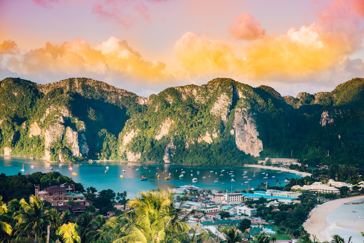 Aerial view of Phi Phi Islands bay at sunset, Andaman coast, Krabi, Thailand