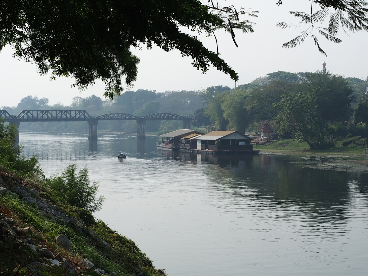 The Bridge on the River Kwai with floating restaurants beneath, Kanchanaburi