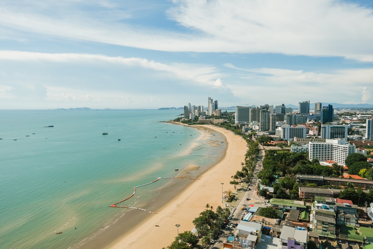 Aerial view of Pattaya Beach with the city skyline and Gulf of Thailand