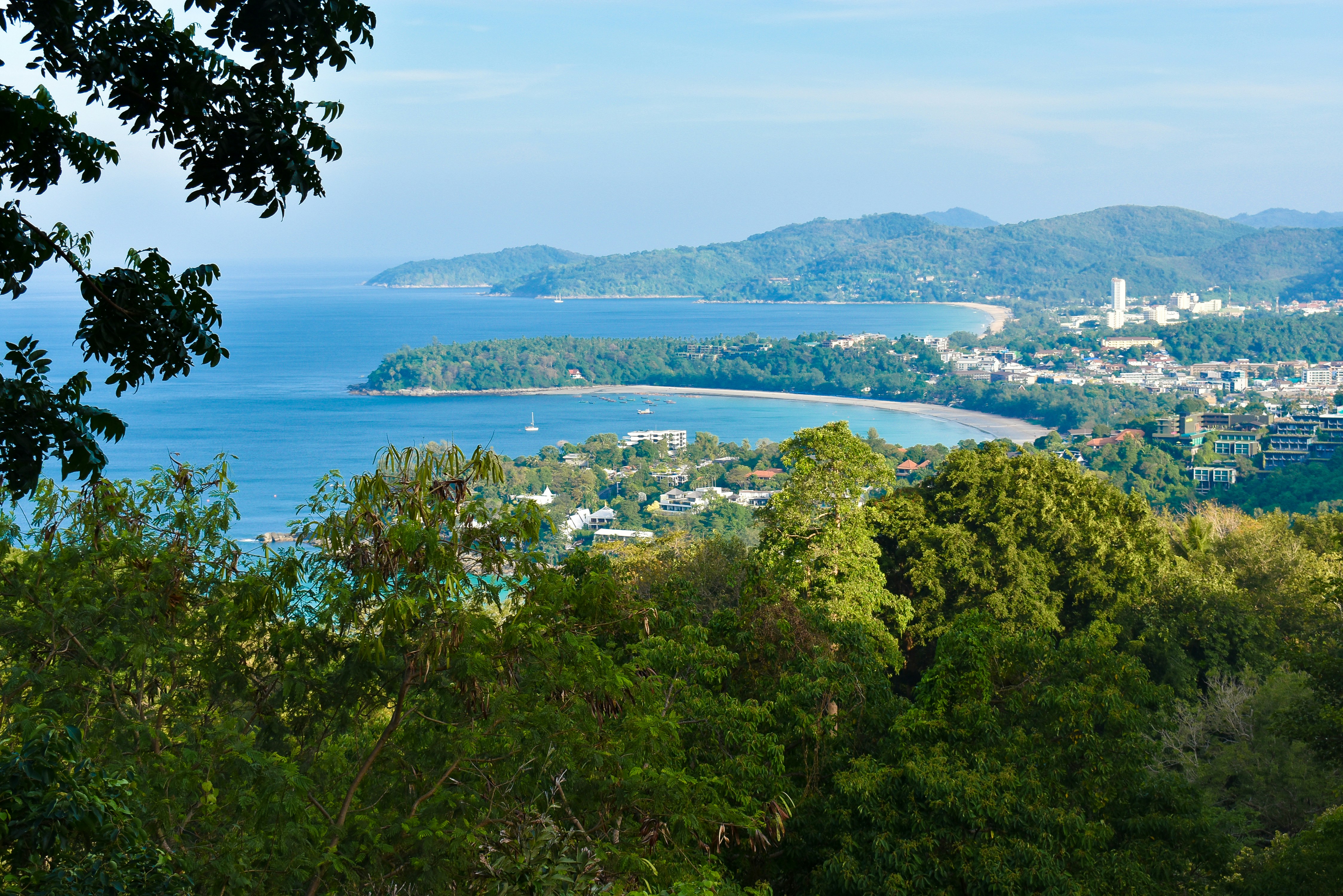 Panoramic view of Phuket coastline and beaches from a hillside, Thailand