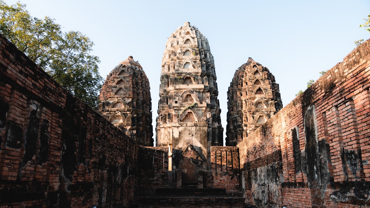 Ancient brick prang towers at Sukhothai Historical Park, Thailand